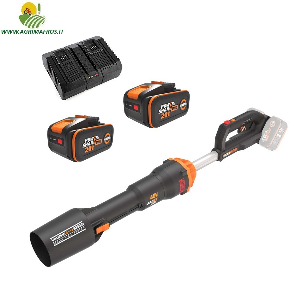 SOFFIATORE A BATTERIA WORX WG585E COMPLETO DI 2 BATTERIE DA 4AH E CARICABATTERIE A DOPPIA SLITTA